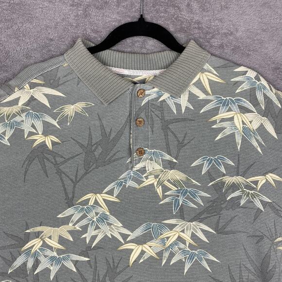 Tommy Bahama Polo Shirt Mens Large Gray Bamboo Leaf Hawaiian Tropical Cotton - Picture 2 of 15